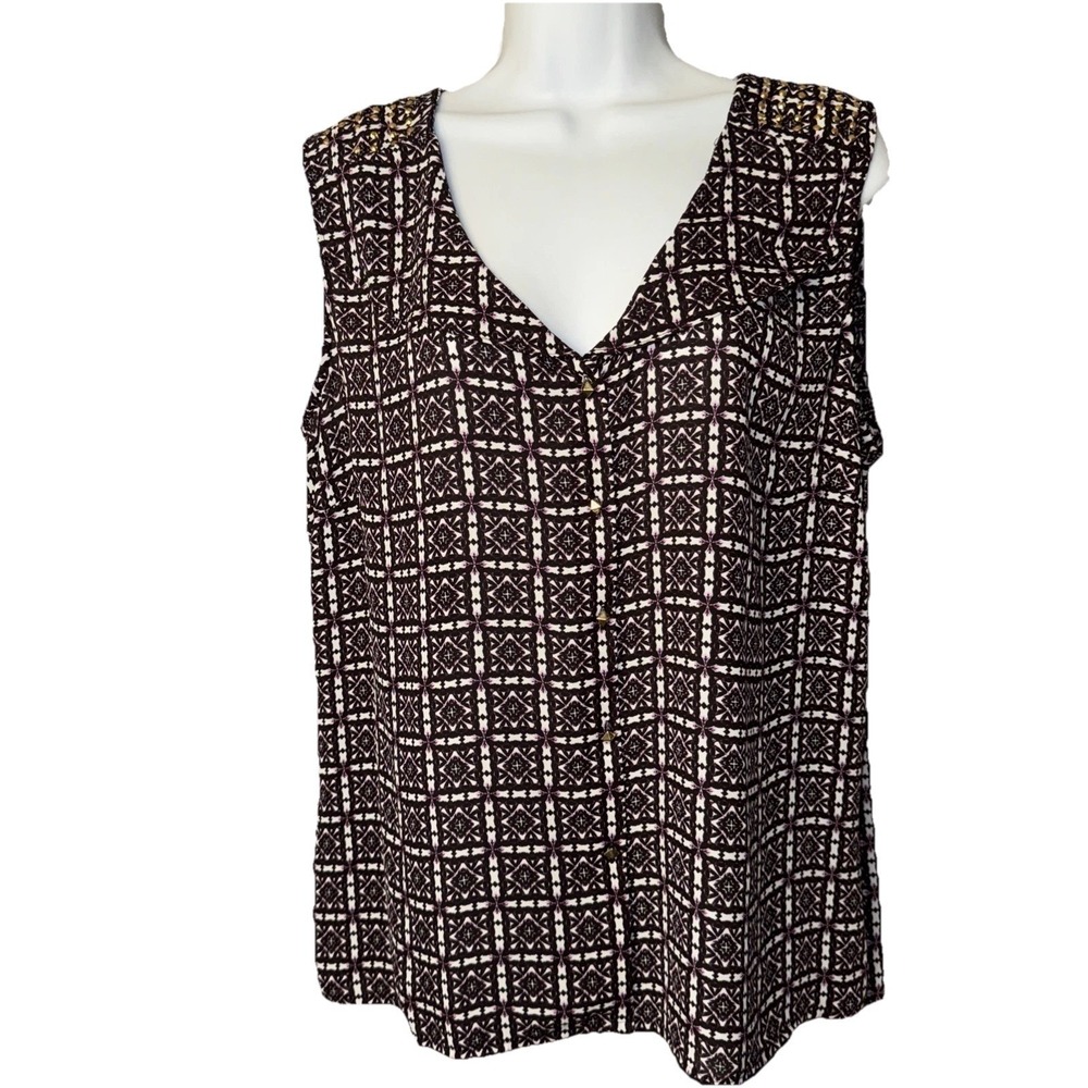 Elementz Blouse Women XL Purple Geometric Studded Sleeveless V-Neck Top MDOB0128